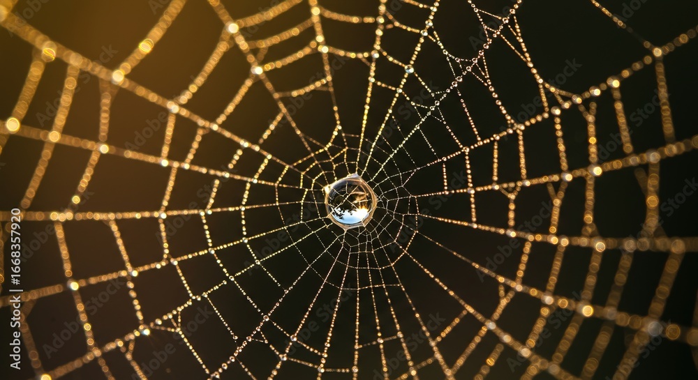 Obraz premium Stunning close-up of a spiderweb glistening with water droplets reflecting the light