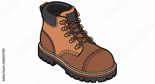 Close-up of a brown work boot, showcasing its design and construction details.