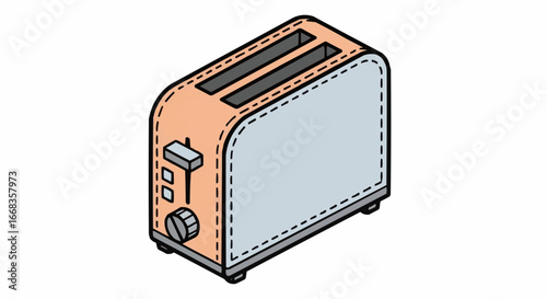 Isometric illustration of a two-slice toaster with a lever and dial, featuring a simple line art style.