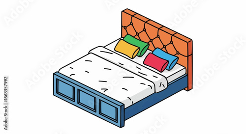 Isometric illustration of a bed with pillows and a blanket, perfect for a restful sleep.