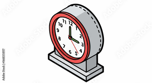 An isometric illustration of a red and gray alarm clock with a white face and black numbers.