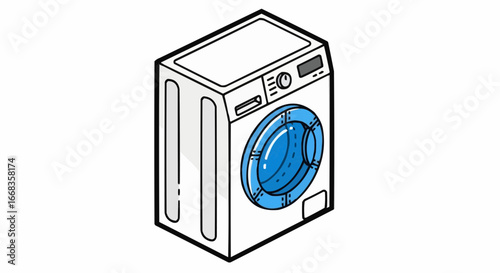 A stylized isometric illustration of a modern front-loading washing machine with a blue highlighted door.