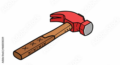 A red claw hammer with a wooden handle is shown against a white background.