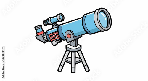 A cartoon illustration of a blue astronomical telescope on a tripod, featuring a smaller finder scope attached.