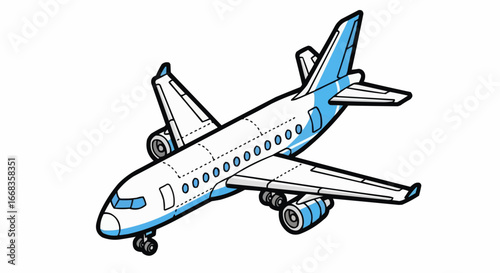 Illustration of a passenger airplane with blue accents, ready for travel.