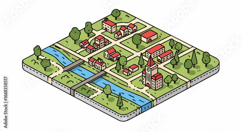 Isometric illustration of a European village with houses, a river, and a church.