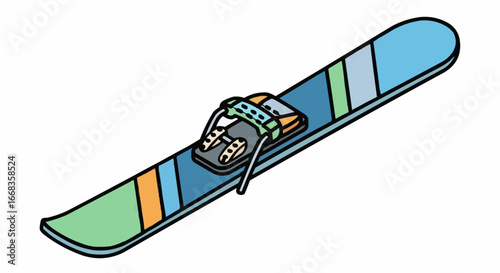 A cartoon illustration of a single blue ski with colorful stripes and a black binding.