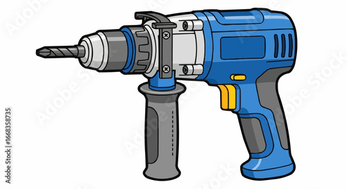Close-up image of a blue and gray cordless power drill, ready for use.