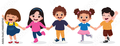 Kids cartoon holding each other, elementary or kindergarten boys and girls