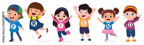 happy friend cartoon characters, with text on shirt