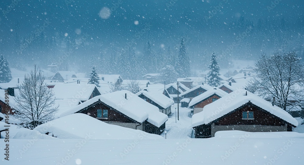 Fototapeta premium Snow-Covered Village in Winter Storm: Serene Landscape, Heavy Snowfall, Cozy Homes.