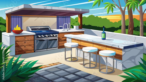 Modern outdoor kitchen features sleek marble island with stainless steel appliances, including grill, refrigerator. Three black metal bar stools with grey cushions offer seating around 