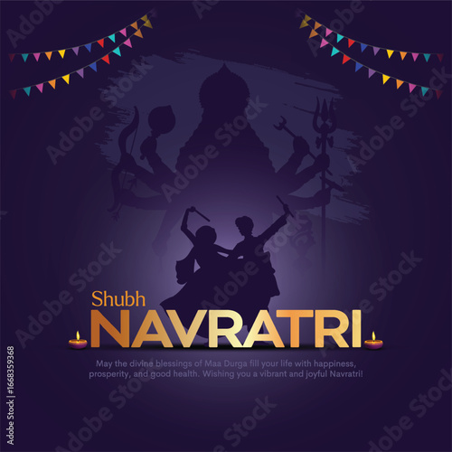 Happy Navratri, silhouette illustration of couple playing Dandiya with background goddess Durga, Garba Night banner poster for Navratri Dussehra festival of India.	