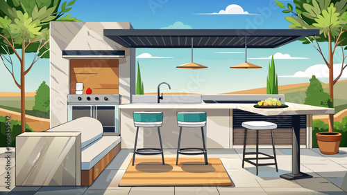Modern outdoor kitchen features sleek marble island with stainless steel appliances, including grill, refrigerator. Three black metal bar stools with grey cushions offer seating around 