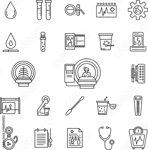 Isolated a Diagnostic tests, scans and medical procedures illustrated with clear linear icon set. Includes bloodwork, imaging, sample collection and routine health assessments vector art silhouette .
