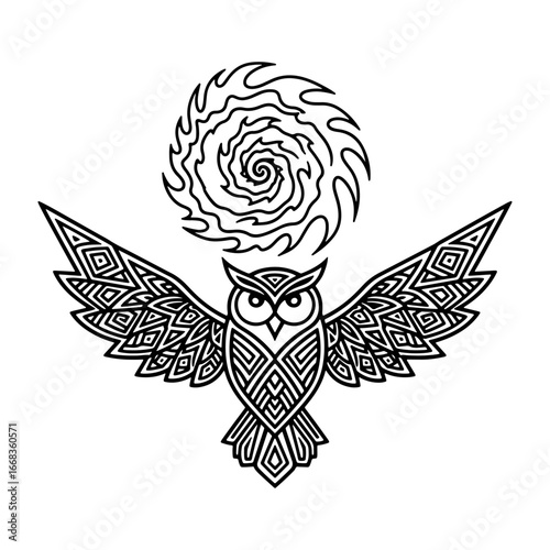 An artistic drawing in which the image of an owl is combined with its spread wings and mysterious swirling symbol above its head, evoking a sense of deep wisdom and mysticism.