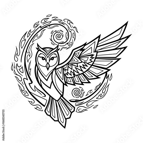 An artistic drawing in which the image of an owl is combined with its spread wings and mysterious swirling symbol above its head, evoking a sense of deep wisdom and mysticism.