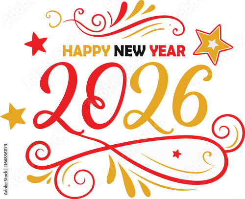 A festive happy new year 2026 design with red and gold swirls and stars for celebratory occasions