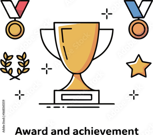 Isolated a Award and achievement line icon set. Vector pictograms of trophies, medals, and victory symbols, medals, laurel wreaths, stars, banners thin linear vector art silhouette.