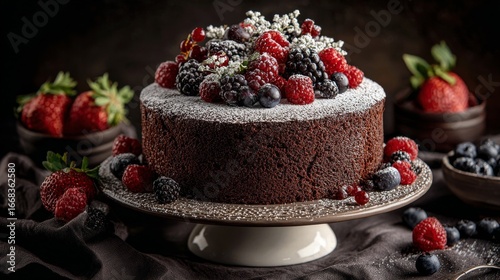 Chocolate cake topped with fresh berries and dusted with powdered sugar on a cake stand.