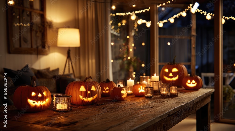 Obraz premium Jack-o'-lanterns illuminating a rustic Halloween table setting