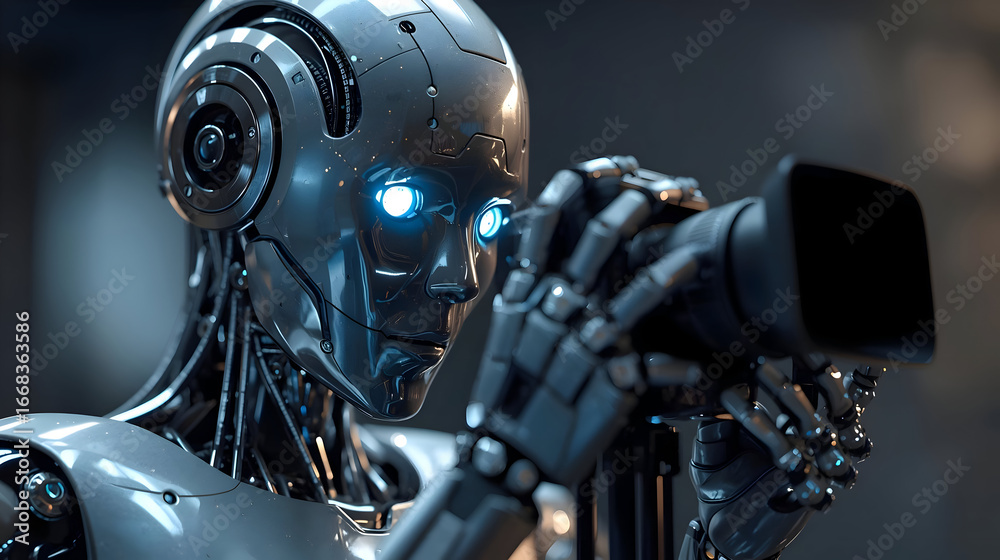 Fototapeta premium Advanced AI robot intently films with high tech camera, demonstrating focused expression, representing future technology and digital content