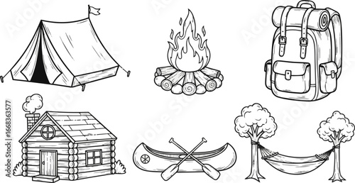Isolated a Camping adventure doodle icon set. Cute hand drawn sketch of tent, fire, backpack, cabin, canoe, hammock. Black and white cartoon art for outdoor forest travel. vector art silhouette .