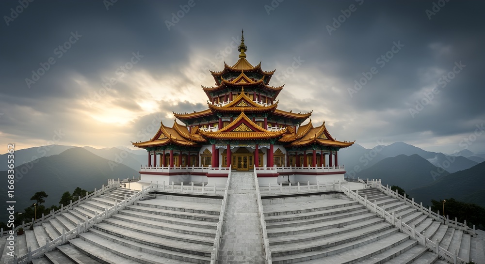 Obraz premium Traditional Chinese temple with golden roof in mountain landscape illustration