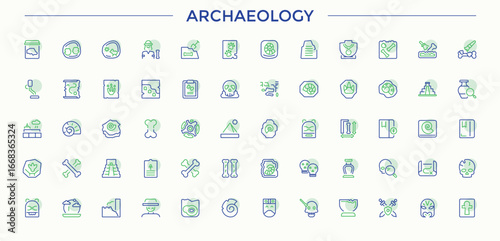 Archaeology colorful line icon set. Contains such icons as archaeologic, mediaeval, antiques, exhibition, art and more. Outline icons in linear style. Antiques icon set. Editable vector.