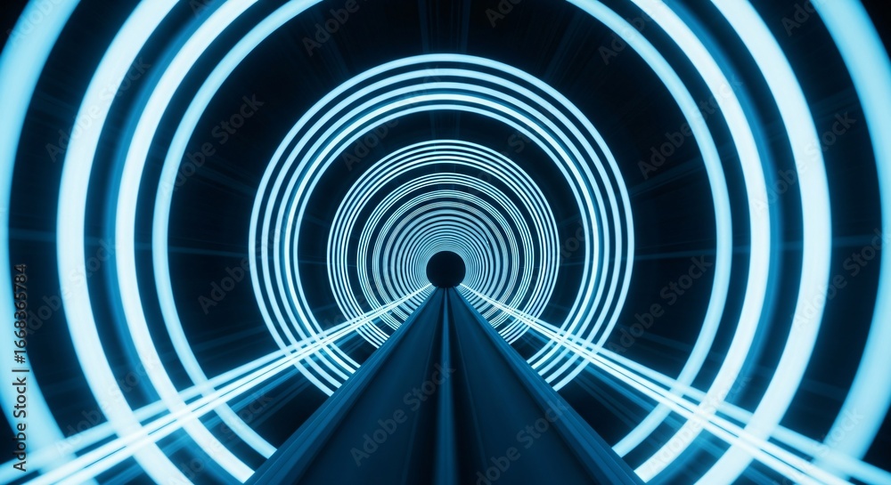 Fototapeta premium Futuristic neon tunnel with bright blue light and perspective