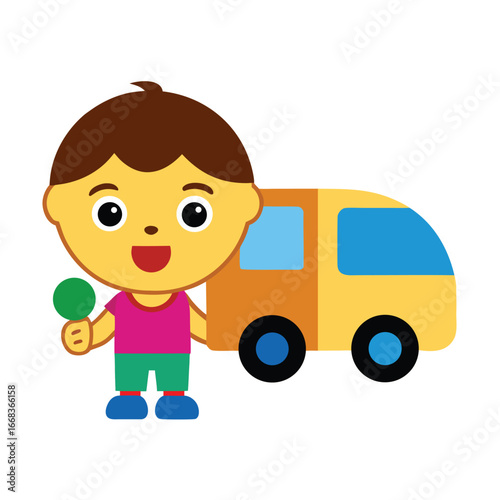 Cartoon Boy with Toy Ambulance and Lollipop