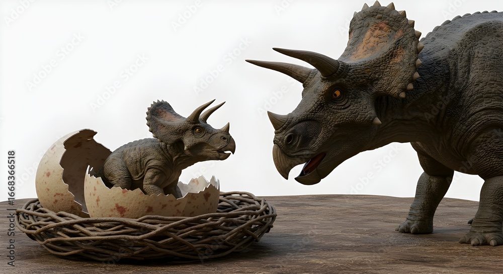 Fototapeta premium Baby triceratops hatching from egg with mother dinosaur in 3D illustration