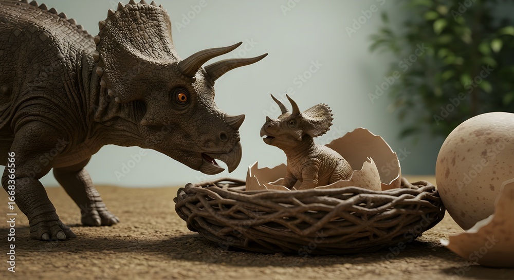 Naklejka premium Baby triceratops hatching from egg with mother dinosaur in 3D illustration
