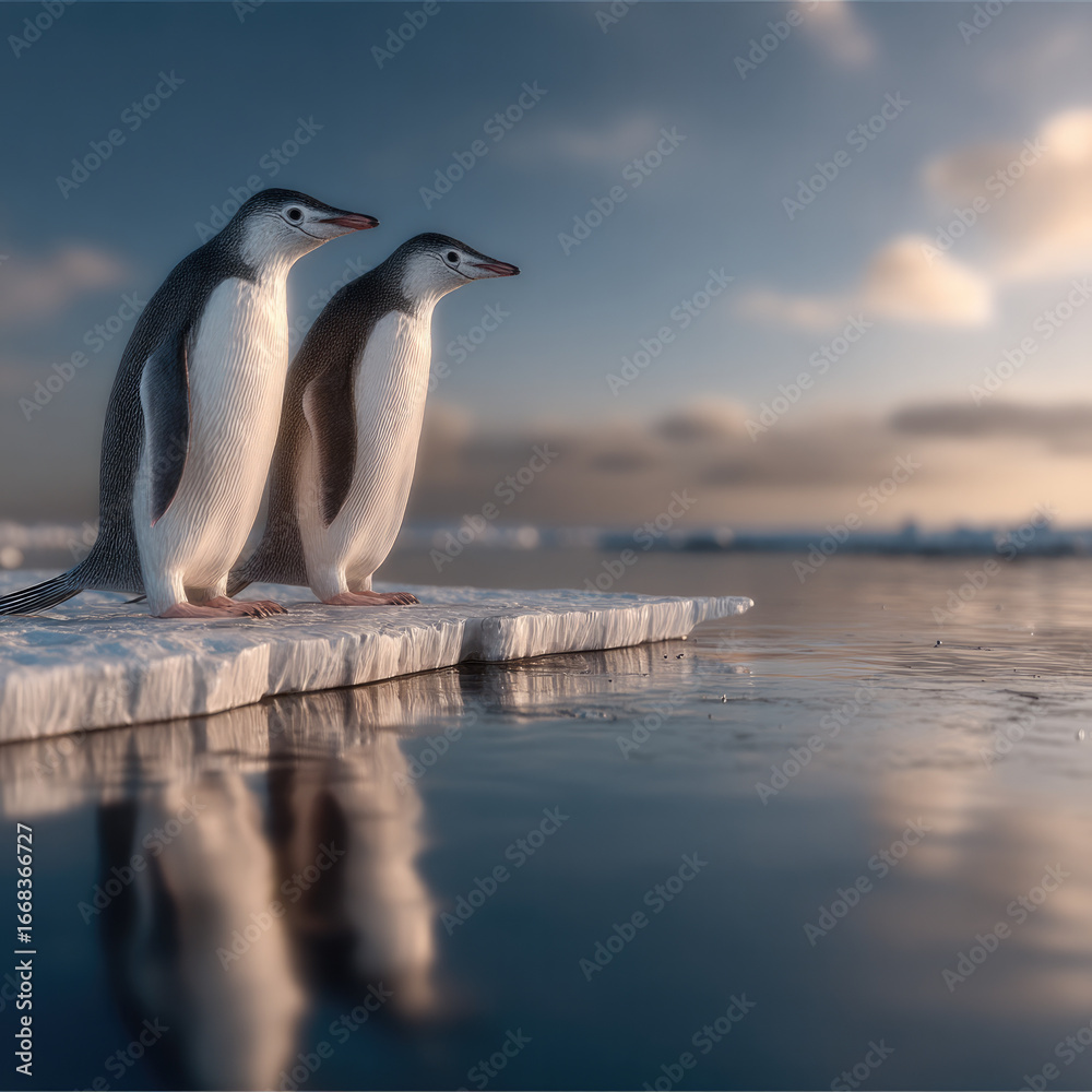 Fototapeta premium Two penguins standing on ice floe, calm water reflection, arctic landscape, serene sky, wildlife, cold environment, peaceful mood