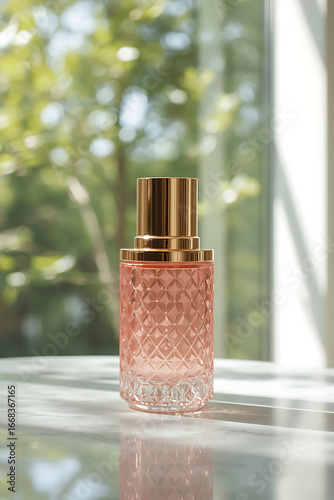 A luxury cosmetic bottle with a pink diamond-textured base and metallic golden cap, surrounded by a modern, blurred window view with green trees and natural light.