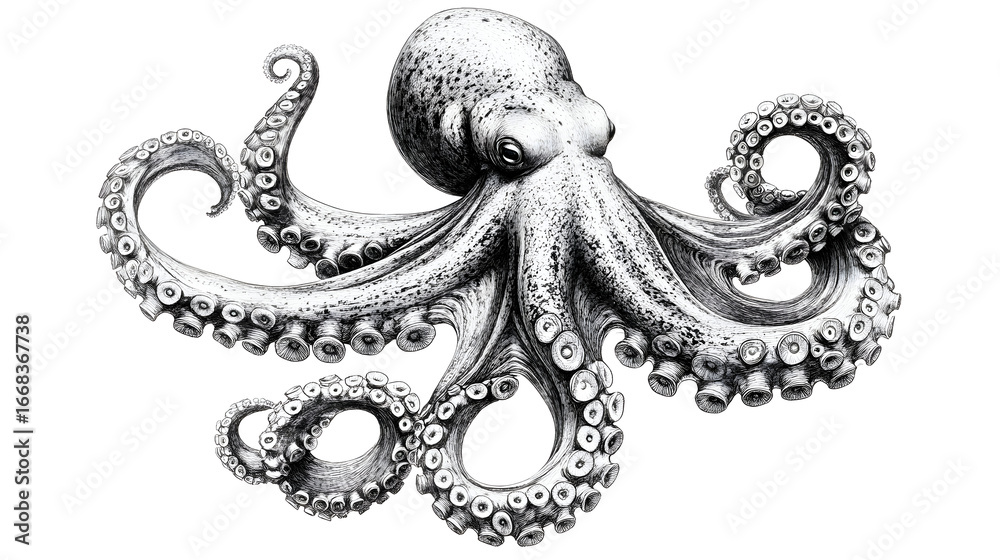 Obraz premium Detailed grayscale illustration of an octopus