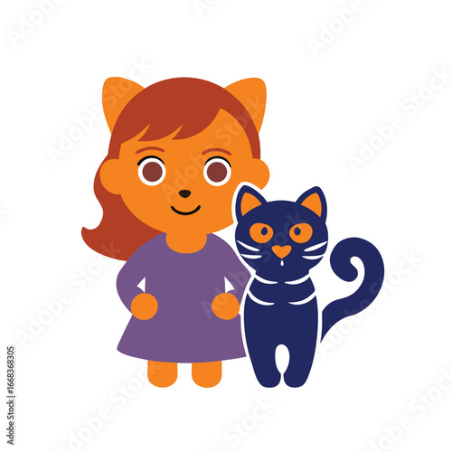 Girl and Cat Halloween Illustration