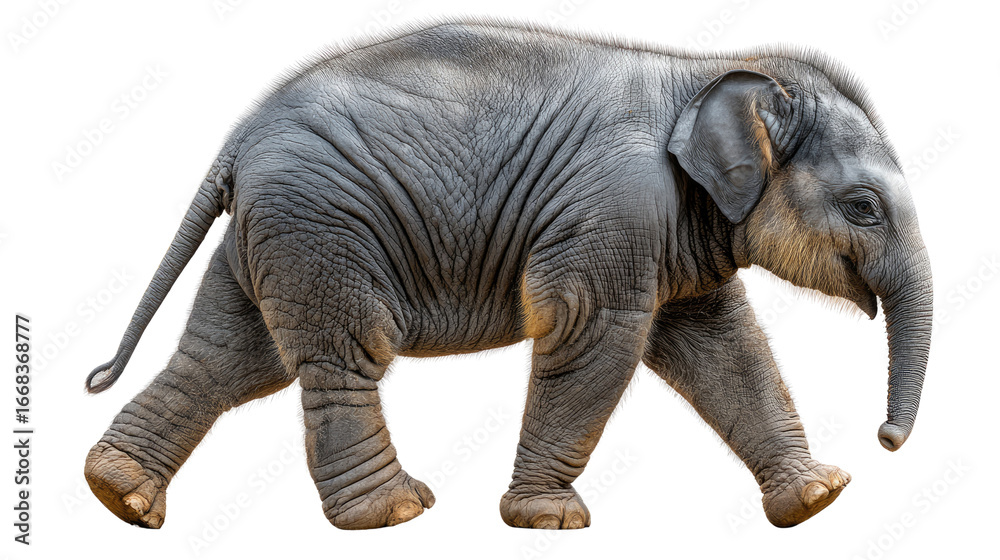 Fototapeta premium Elephant's Gentle Journey: A precious baby elephant, with its wrinkly gray skin and expressive eyes, walks in a world, evoking a sense of curiosity and innocence