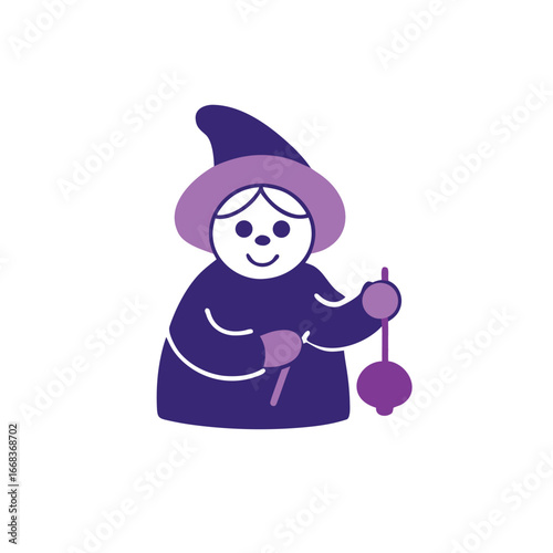 Witch character holding knitting needles and yarn