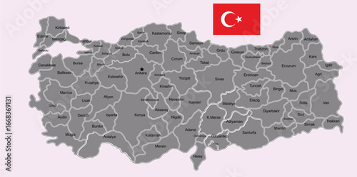 Turkey Map with States, Political and Geographic Borders. Detailed Turkey States Map Provinces and Capitals, Turkey Map with States and Cities,  Regional Divisions

"Administrative Turkey Stat
