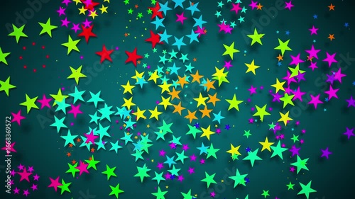 Animation of bright, colorful stars spinning and floating on a dark background in an endless loop. A fun, dynamic background for holidays, videos, intros, and kids content. Looped animation.
