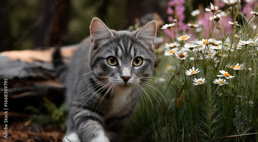 Fototapeta premium Grey tabby cat white chest green eyes walking outdoors among wildflowers, natural light, curious expression, spring garden