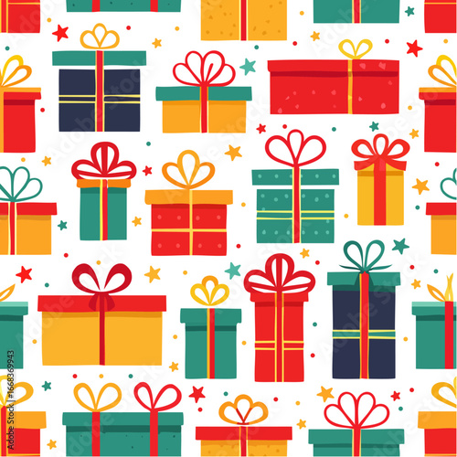 Bright seamless pattern of Christmas gift boxes with bows, trendy geometric style, modern flat vector for holiday wrapping paper, backgrounds, party invitations, and festive decor.