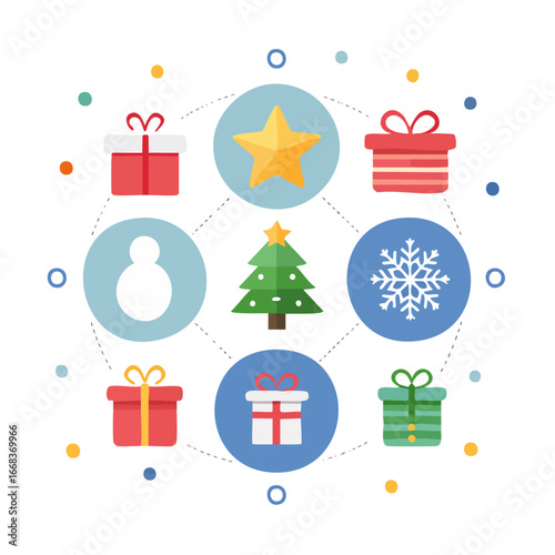 Colorful flat vector icons of Christmas and New Year including gifts, snowflakes, bells, baubles, and candy canes, perfect for  apps, UI, stickers, cards, posters, and festive packs.
