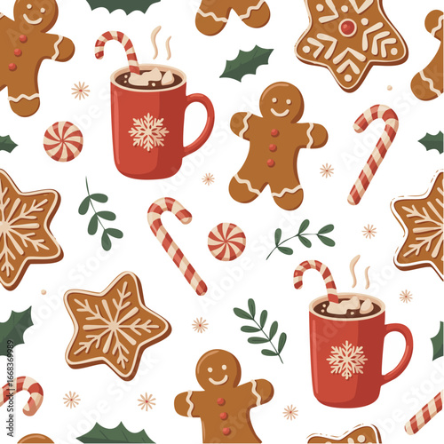 Charming seamless pattern with gingerbread cookies, Christmas trees, candy canes, and festive spices, perfect for 2025 holiday wrapping paper, packaging, backgrounds, and cozy seasonal design.