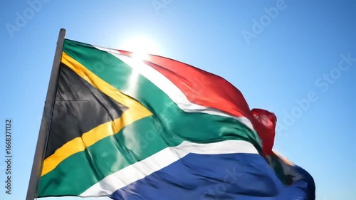 South African flag waving against a bright blue sky. The vibrant colors represent freedom