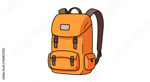 Orange rucksack travel bag hiking backpack camping gear outdoor adventure equipment luggage cartoon style design on transparent background
