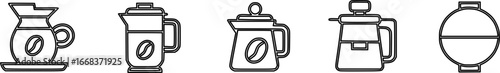 Set of outline icons depicting various coffee makers and brewing equipment.