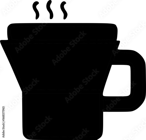 Black silhouette icon of a hot coffee pot or moka pot with rising steam.