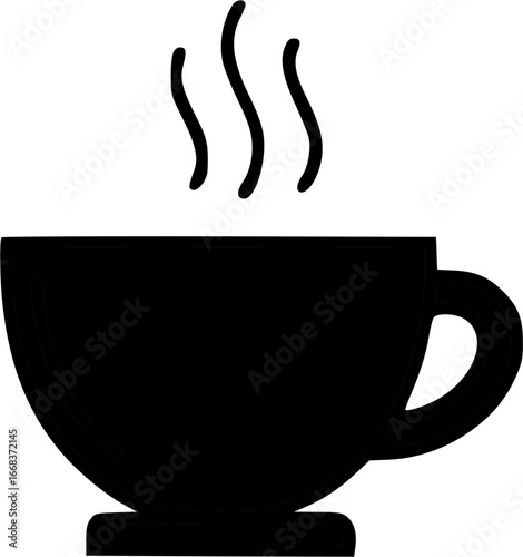 Minimalist black silhouette of a steaming hot beverage cup.